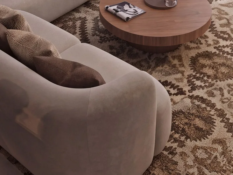 Patterned rug and bouclé sofa, 4K upscale at 100%