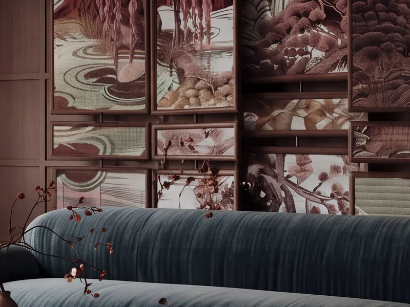 Velvet sofa and painted screen, 4K upscale at 100%