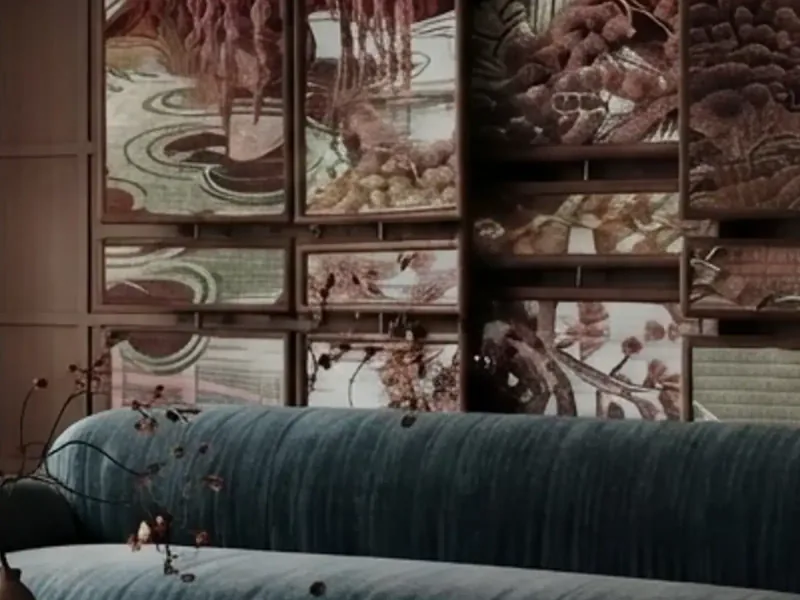 Velvet sofa and painted screen, source render enlarged at 100%