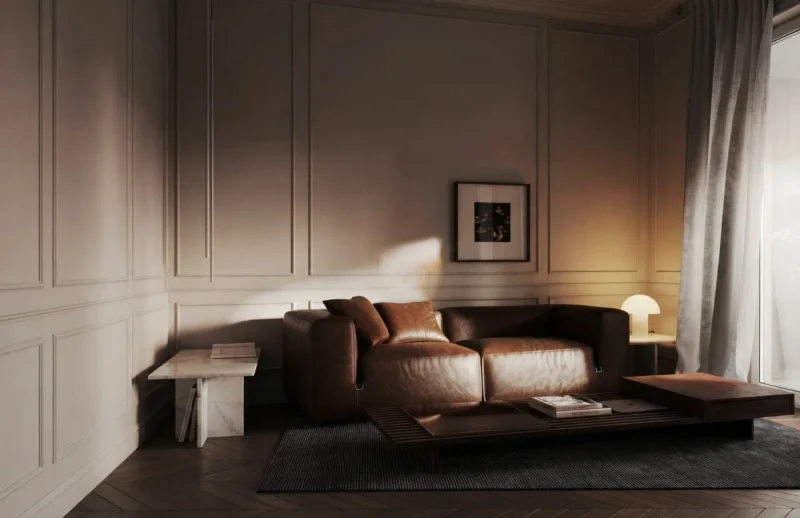 AI-designed panelled living room with brown leather sofa