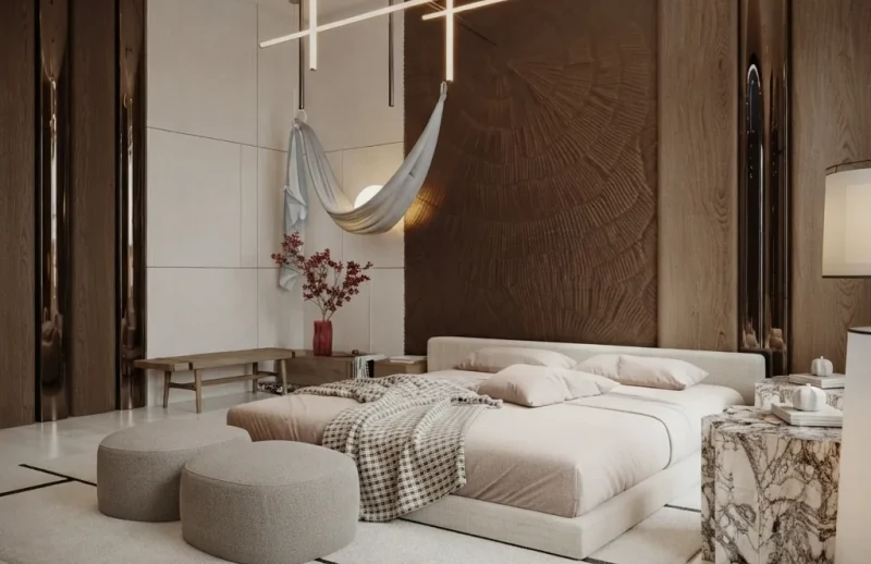 AI-designed luxury bedroom in stone and dark wood