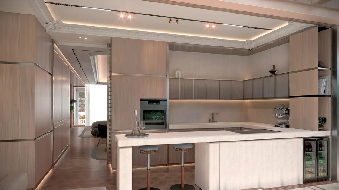 AI kitchen design render of a covered terrace kitchen and dining space under a pergola