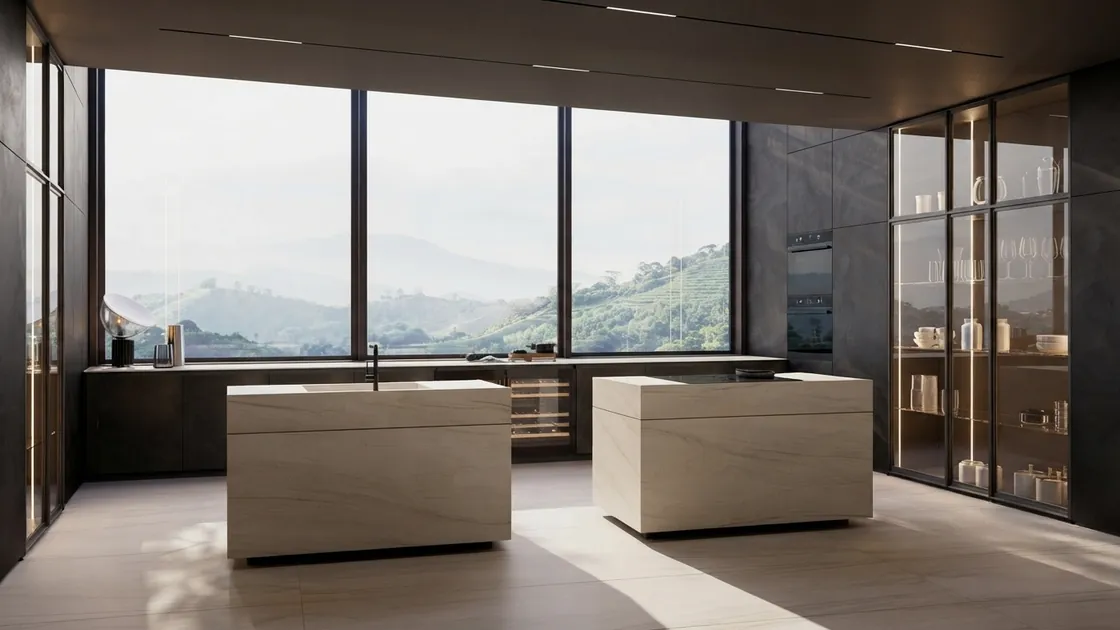 AI kitchen design render of a stone kitchen with twin islands and a panoramic mountain window