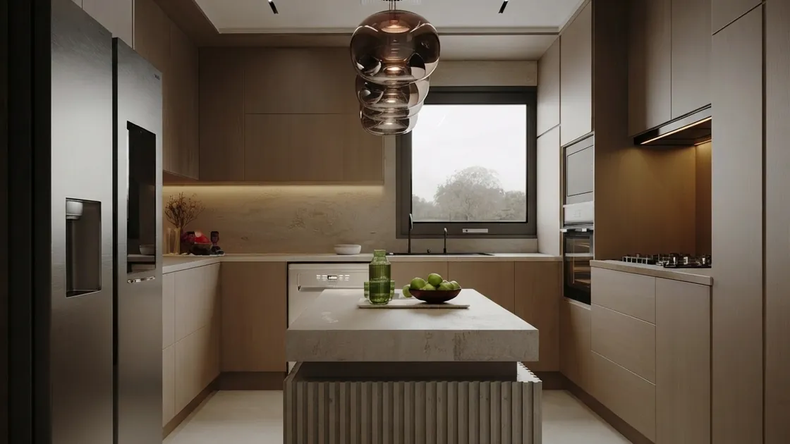 AI kitchen design render of a warm oak kitchen with a fluted island and copper pendants