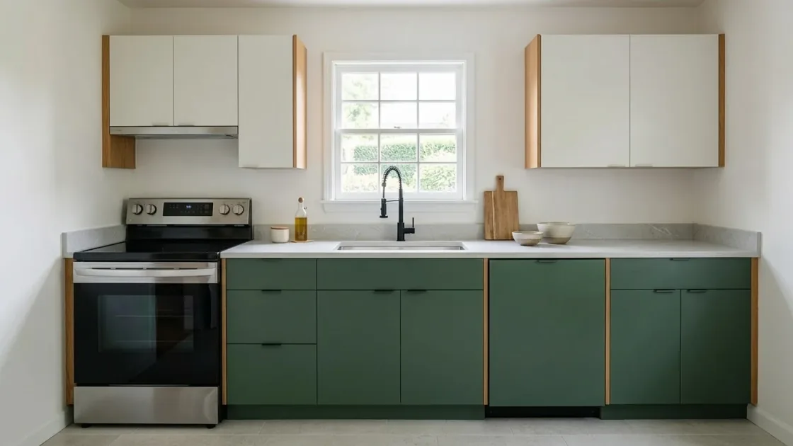 Same kitchen restyled into a modern handleless deep-green design