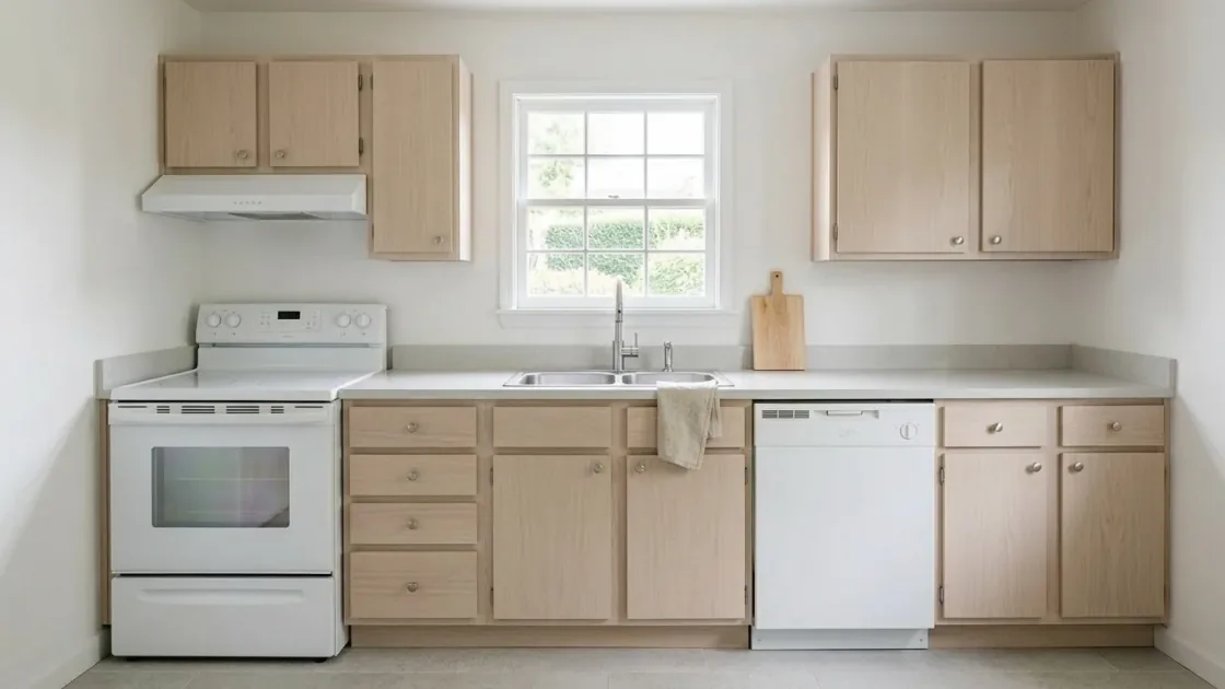 Same kitchen restyled into a Scandinavian pale-oak design
