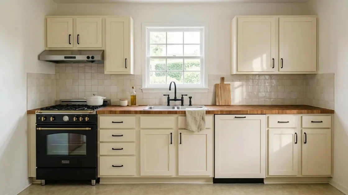 Same kitchen restyled into a modern farmhouse design