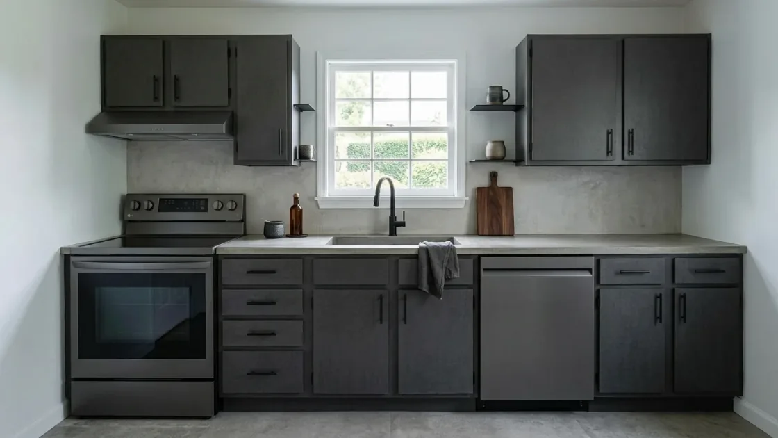 Same kitchen restyled into a dark industrial design