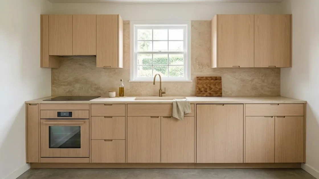 Same kitchen restyled into a warm minimalist oak design