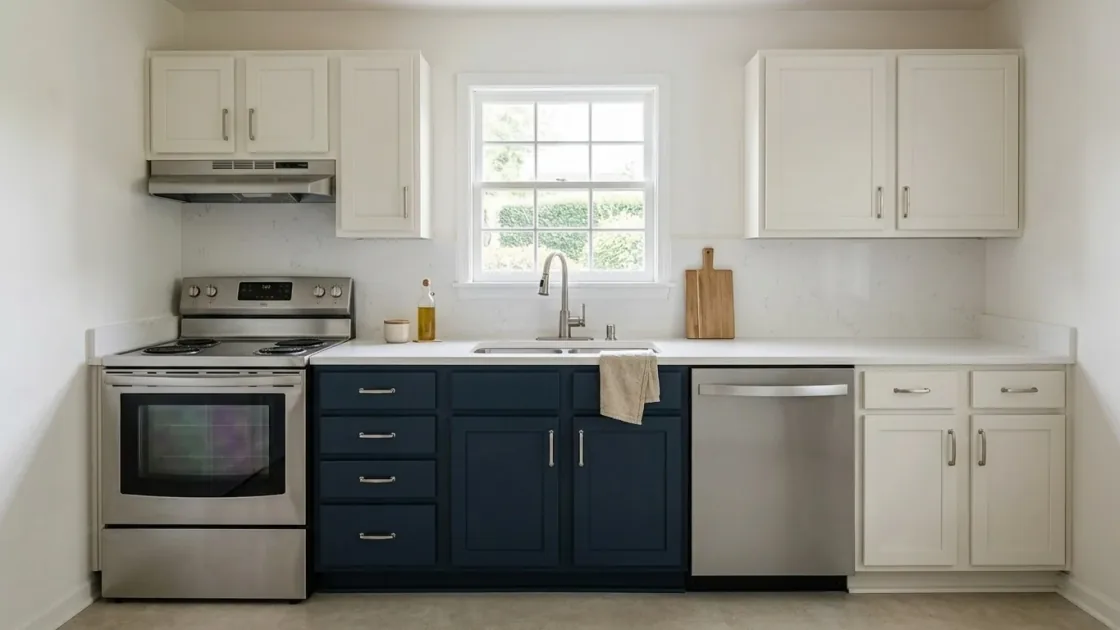 Same kitchen restyled into a two-tone navy-and-white design