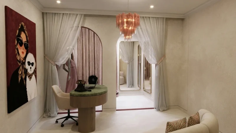 AI-designed studio and showroom with blush arched alcoves