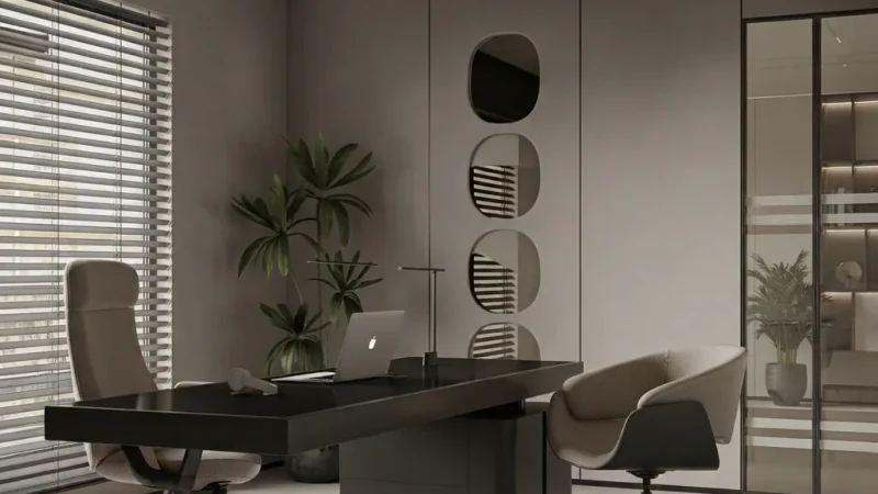 AI-designed home office with a dark desk, glass partition and plants