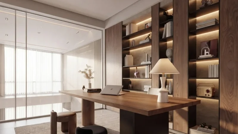 AI-designed library home office with a long walnut desk