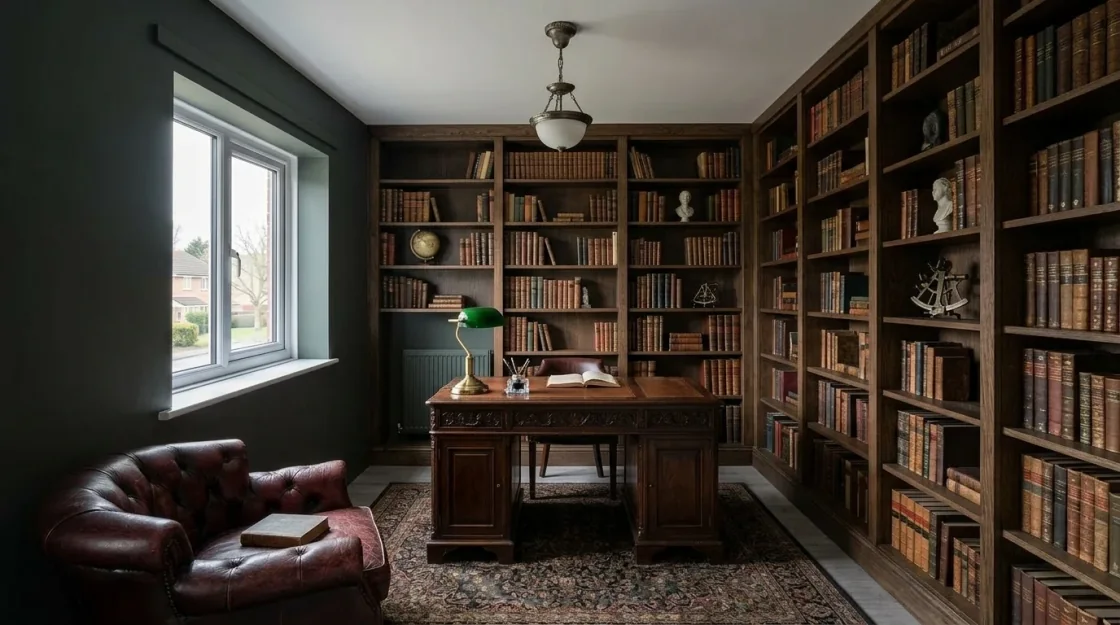 The same room turned into a dark academia home office