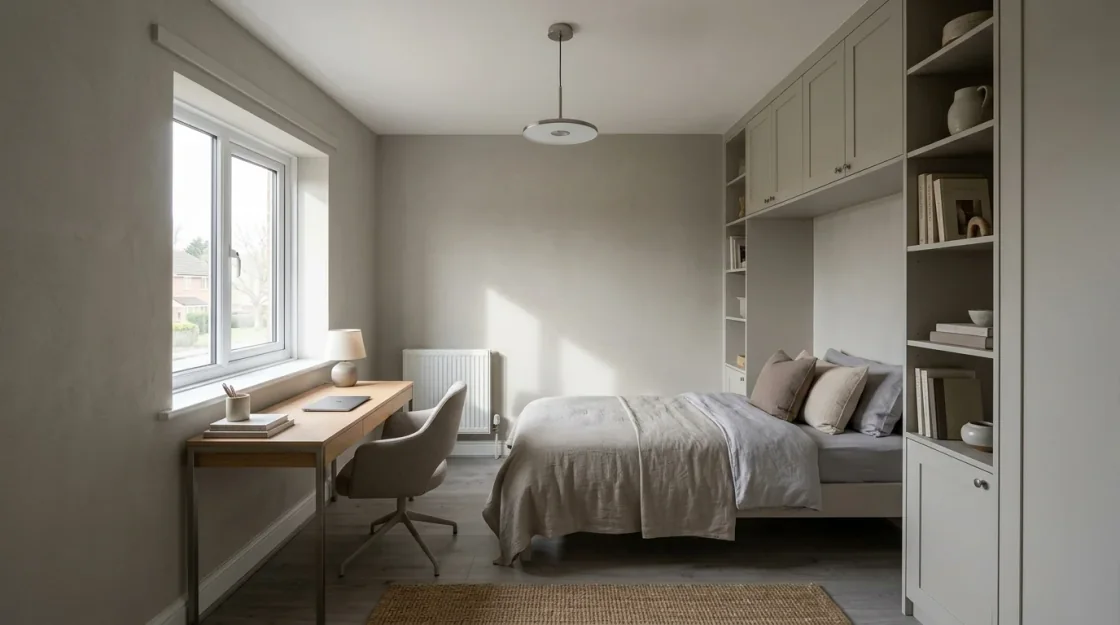 The same room turned into a home office that doubles as a guest room