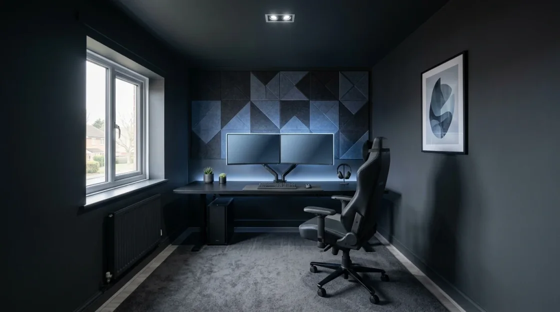 The same room turned into a gaming home office with dual monitors