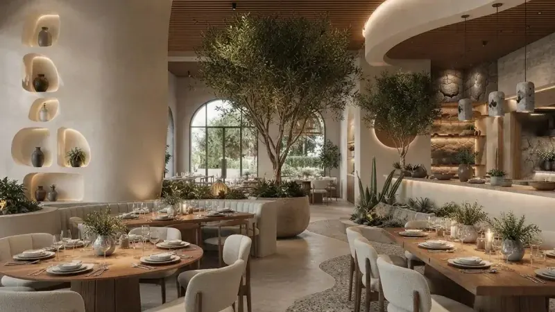 Mediterranean restaurant with an olive tree example