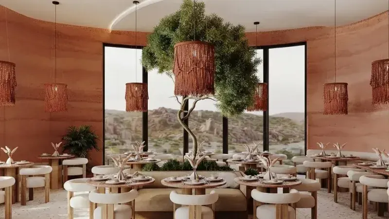Earthy modern restaurant with rammed earth walls example