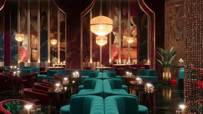 Maximalist restaurant with emerald banquettes example