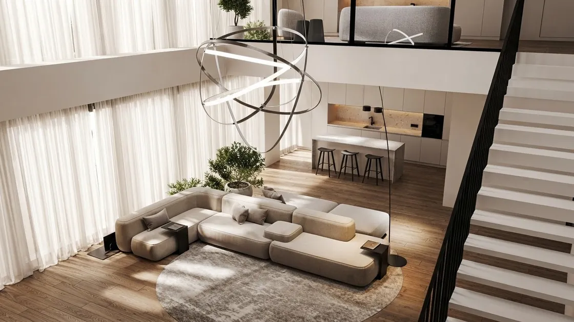 Double-height living room with a black steel loft staircase