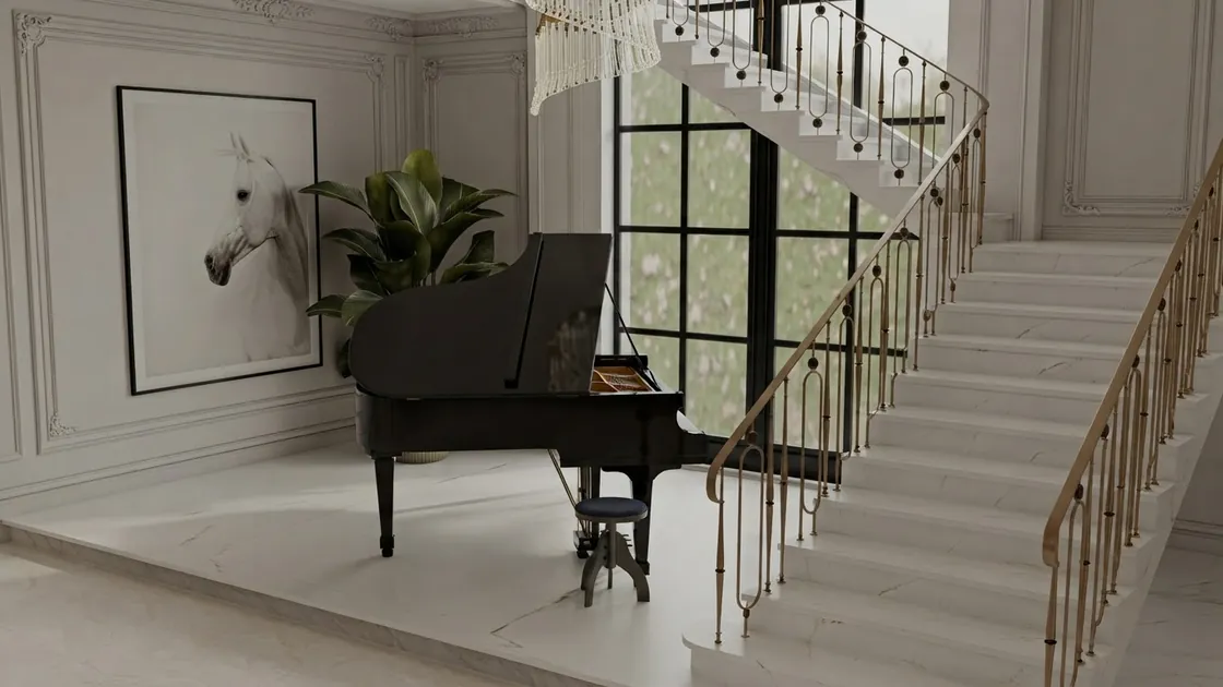 White reception staircase with a grand piano underneath