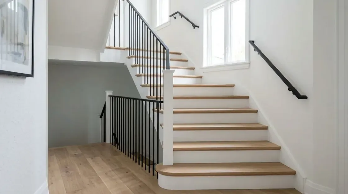 Same staircase restyled modern with light oak and a slim black rail