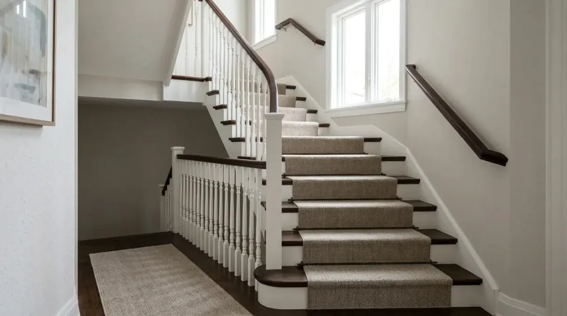Same staircase restyled traditional with turned balusters and a runner
