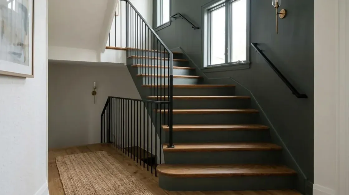 Same staircase restyled with a moody charcoal-green wall and brass sconce