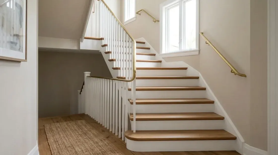 Same staircase restyled with warm oak and a brushed-brass handrail