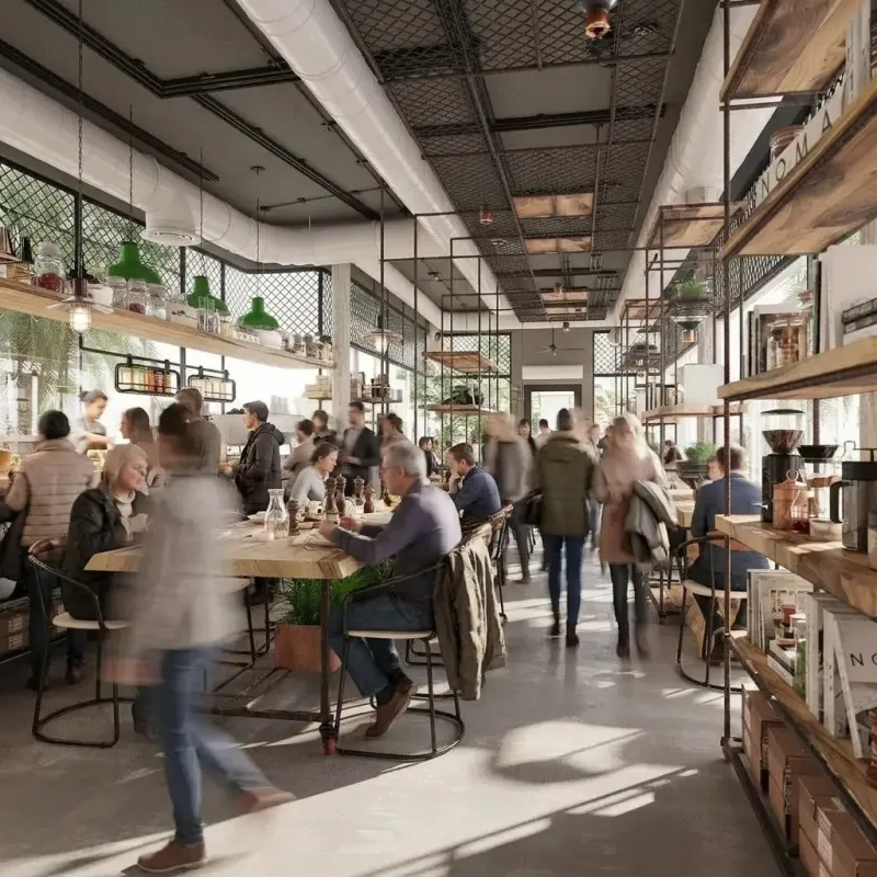 Cafe designed with MeltFlex AI: Busy Cafe, Motion Blur