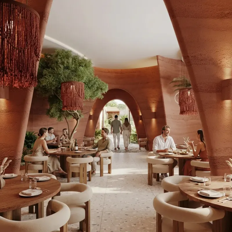 Restaurant designed with MeltFlex AI: Couples, Rammed Earth Dining