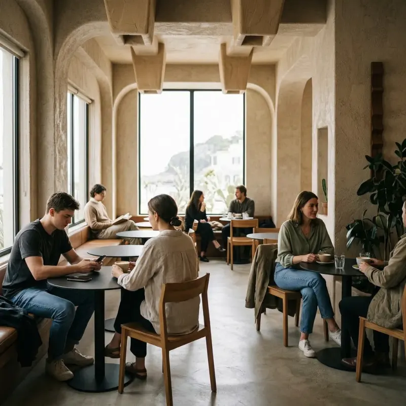 Cafe designed with MeltFlex AI: Casual, Travertine Cafe