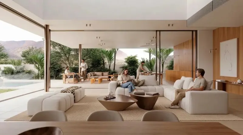 Living Room designed with MeltFlex AI: Casual, Open Villa Living