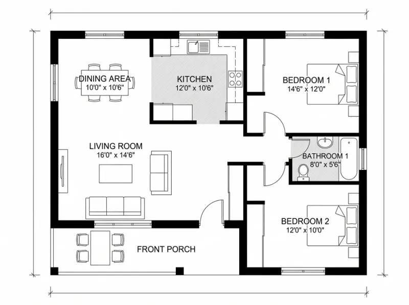 Floor Plan designed with MeltFlex AI: Two Bed Cottage