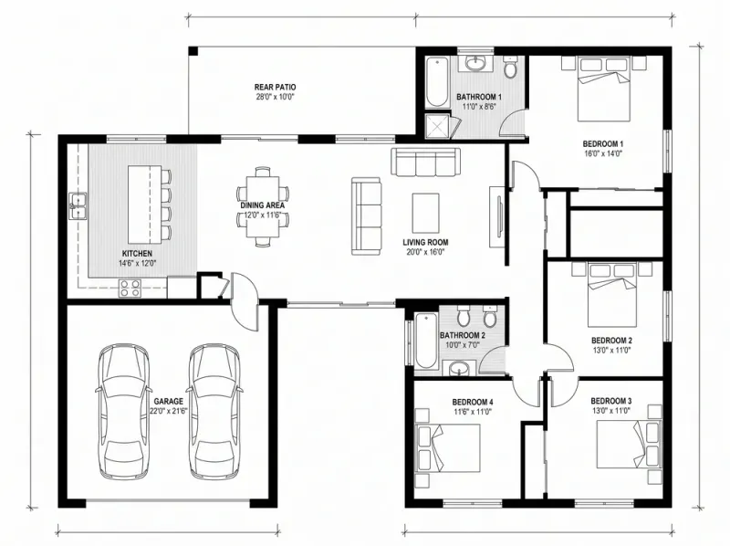 Floor Plan designed with MeltFlex AI: Modern Four Bed