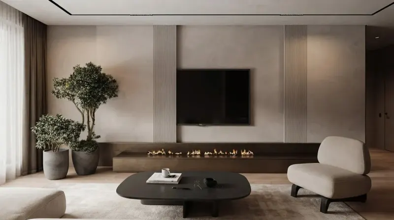 Living Room designed with MeltFlex AI: Autumn Plaster Living with Fireplace