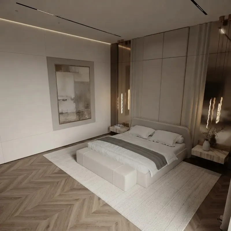 Bedroom designed with MeltFlex AI: Backlit Headboard Herringbone Bedroom