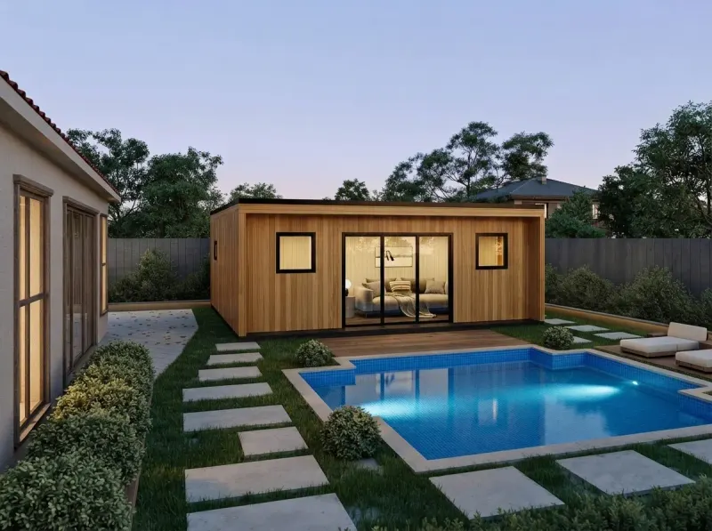 Garden designed with MeltFlex AI: Backyard Cabin with Pool