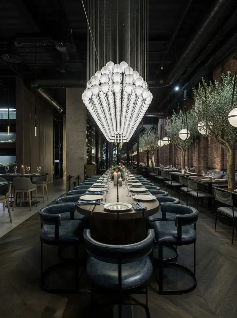 Restaurant designed with MeltFlex AI: Balloon Chandelier Long Table