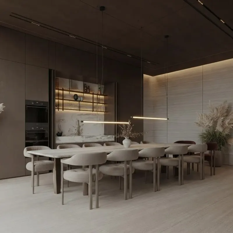Dining Room designed with MeltFlex AI: Walnut Slat Ceiling Dining