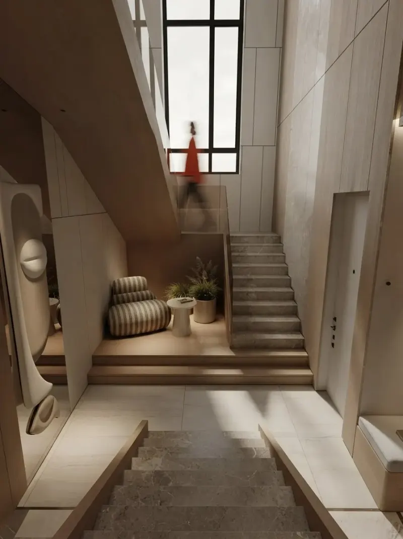 Stairs designed with MeltFlex AI: Beige Hall & Staircase