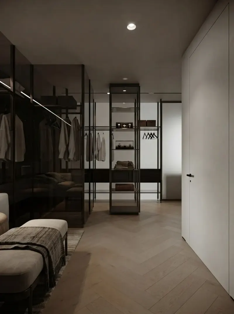 Closet designed with MeltFlex AI: Black Frame Glass Closet