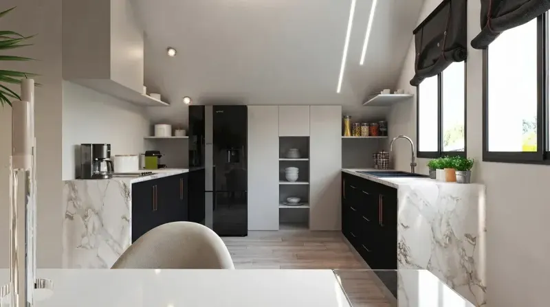 Kitchen designed with MeltFlex AI: Black Marble Attic Kitchen