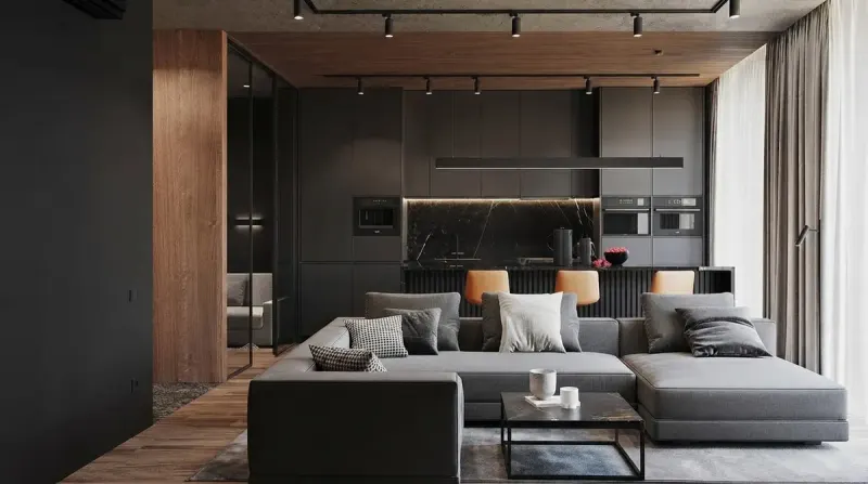 Living Room designed with MeltFlex AI: Black Marble Kitchen Living