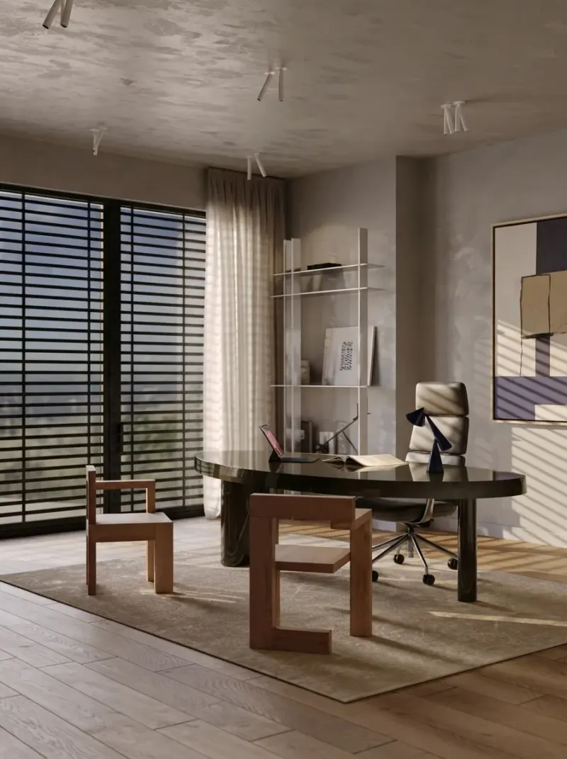 Home Office designed with MeltFlex AI: Blinds & Brass Office
