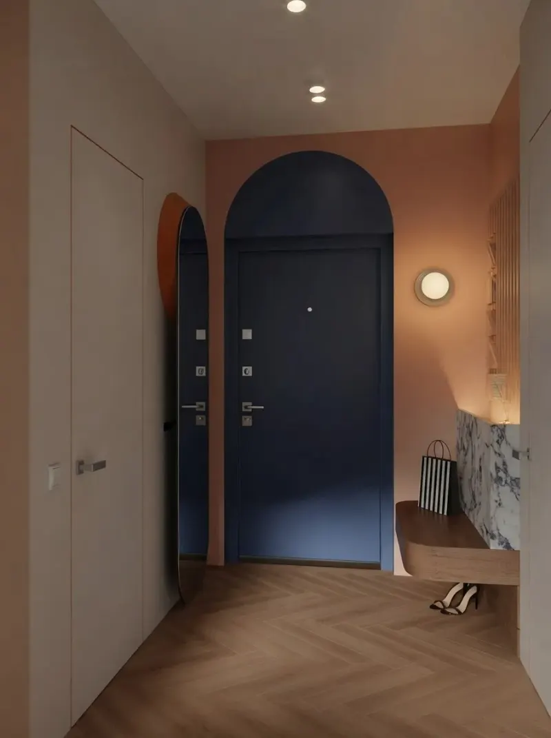 Hallway designed with MeltFlex AI: Blue Arch Door Hallway