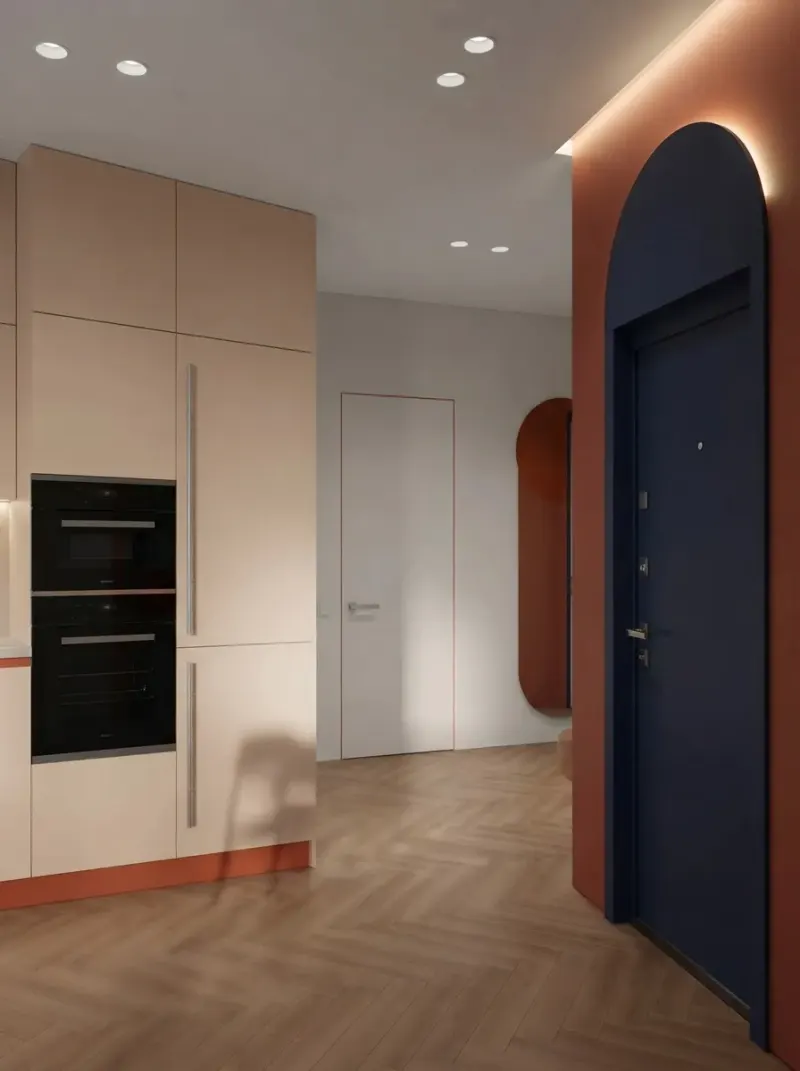 Hallway designed with MeltFlex AI: Blue Hallway, Doors To The Kitchen