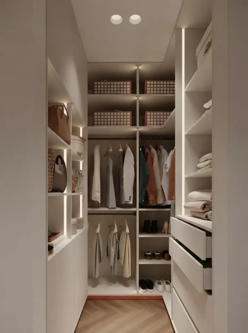 Bedroom designed with MeltFlex AI: Blush Bedroom & Compact Walk-In