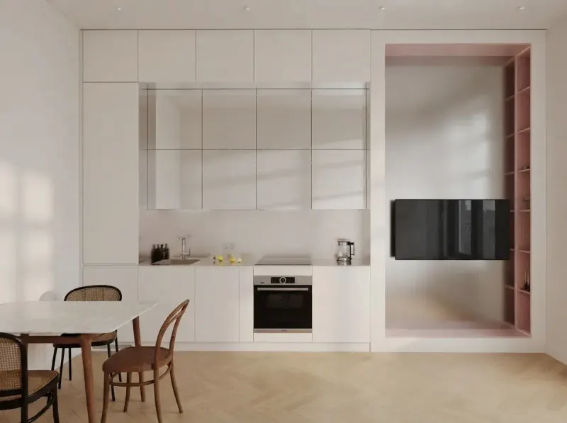Kitchen designed with MeltFlex AI: Blush Niche Galley Kitchen