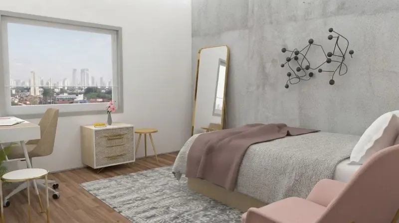 Dorm Room designed with MeltFlex AI: Blush Pink Dorm Print Wall